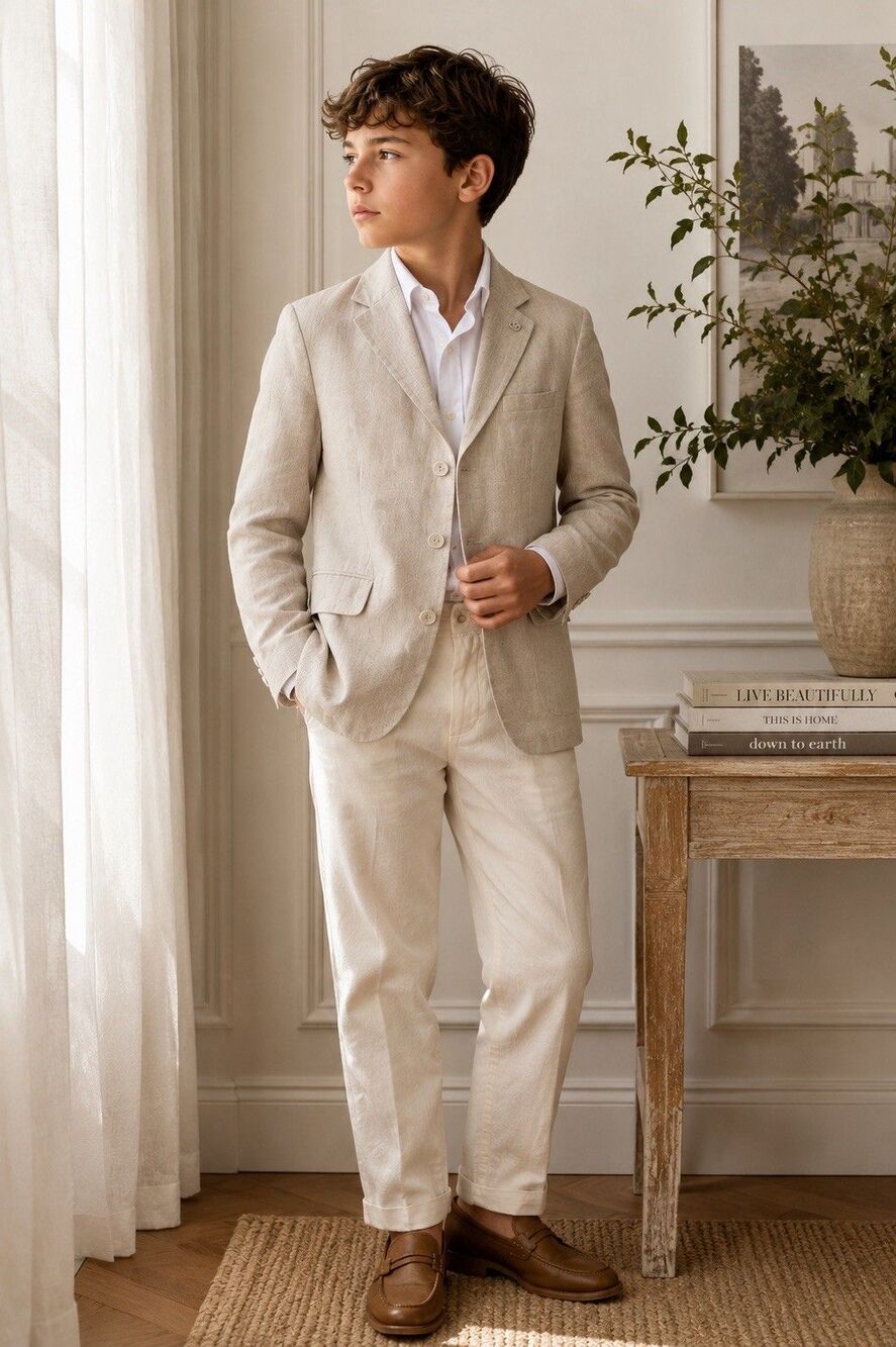 Johnnie Lene Boys 14 Linen Cotton Blazer Beige Wedding Easter Jacket
